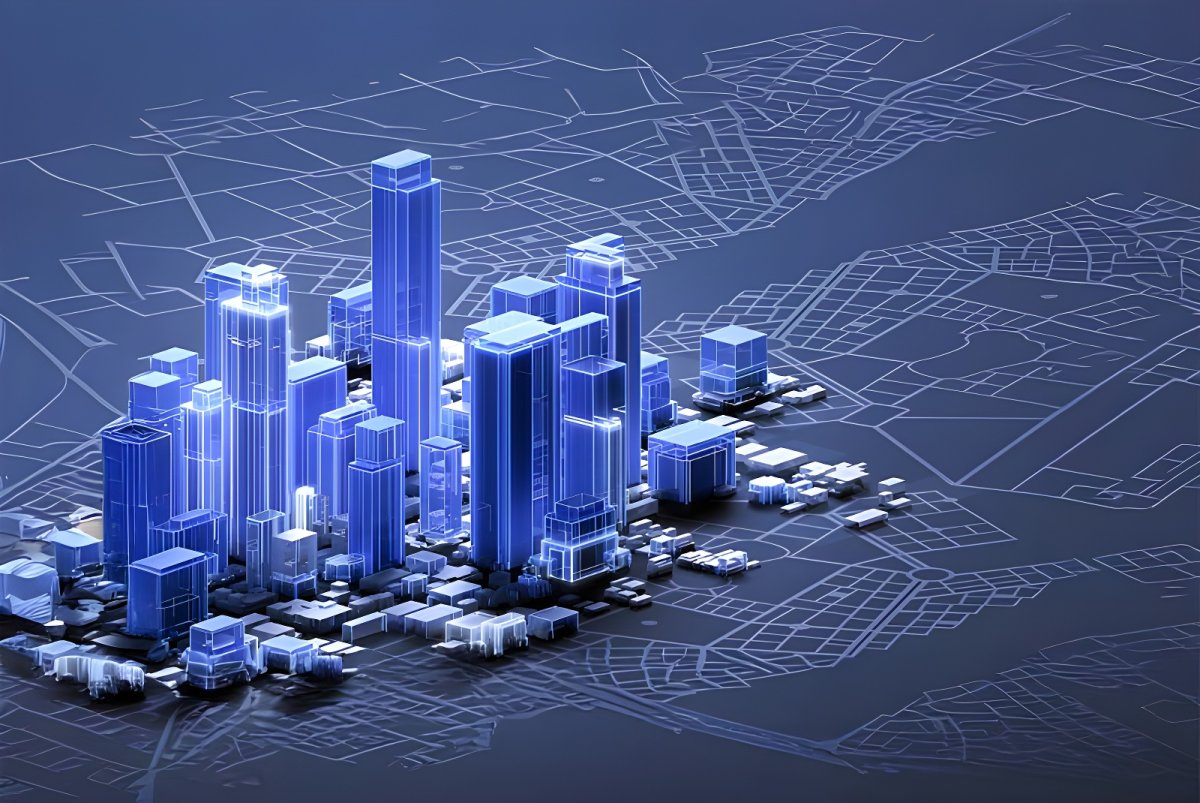 3D digital twin visualization of glowing blue wireframe skyscrapers and city blocks on a dark blue grid map.