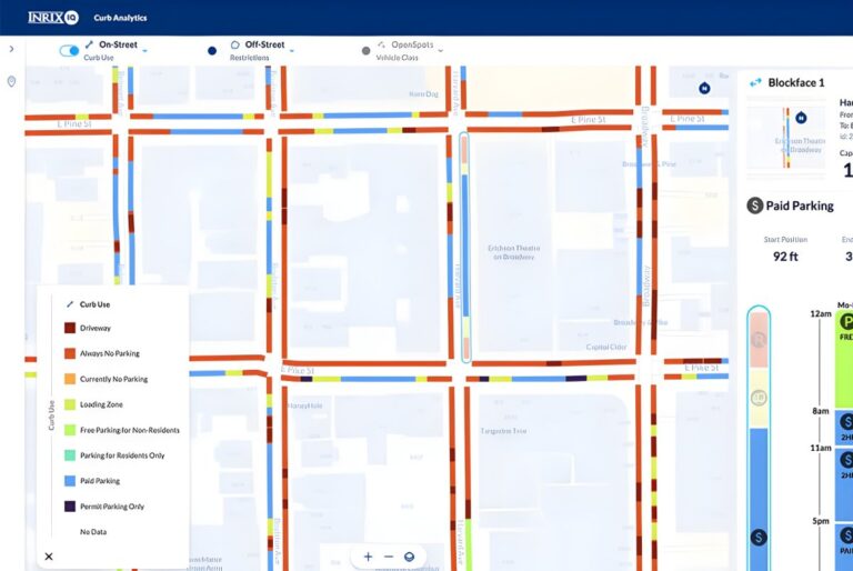 INRIX Curb Analytics digital interface displaying a color-coded city map of parking zones and curb usage data.
