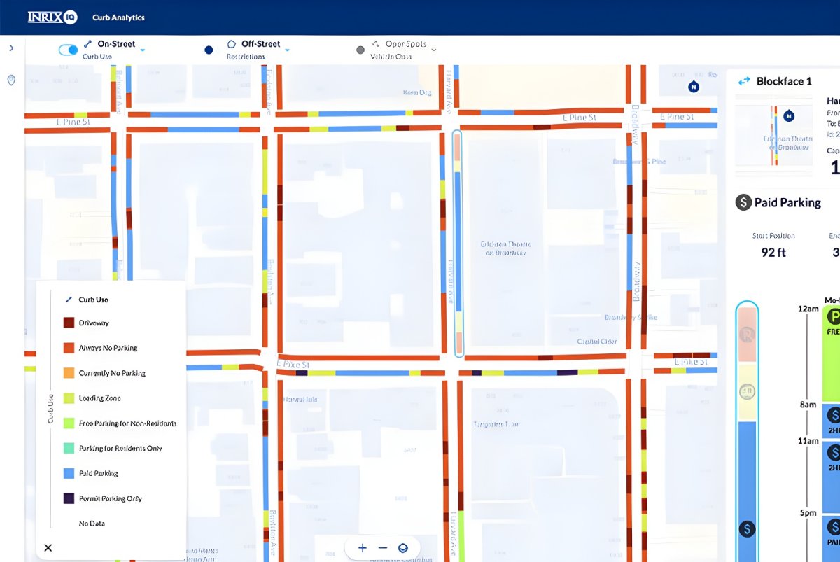 INRIX Curb Analytics digital interface displaying a color-coded city map of parking zones and curb usage data.