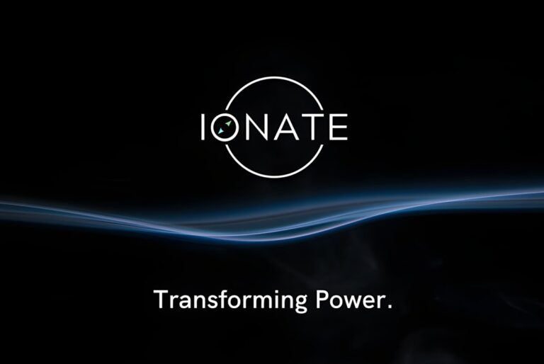 IONATE logo and "Transforming Power" text centered over a dark background with a blue horizontal light wave.