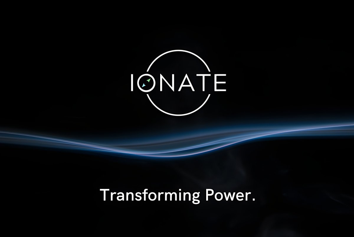 IONATE logo and "Transforming Power" text centered over a dark background with a blue horizontal light wave.