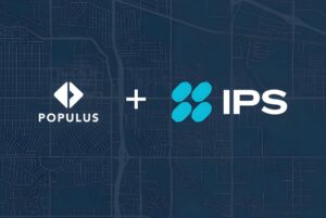 Populus and IPS logos separated by a plus sign over a dark blue city street map background.