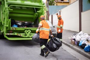 Two sanitation workers in orange high-visibility uniforms loading black trash bags into a lime green garbage truck.