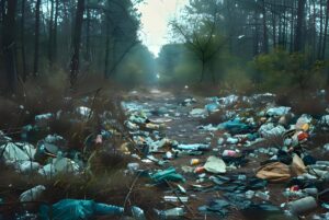 Plastic bottles, bags, and household waste fly-tipped along a dirt path through a dense forest.