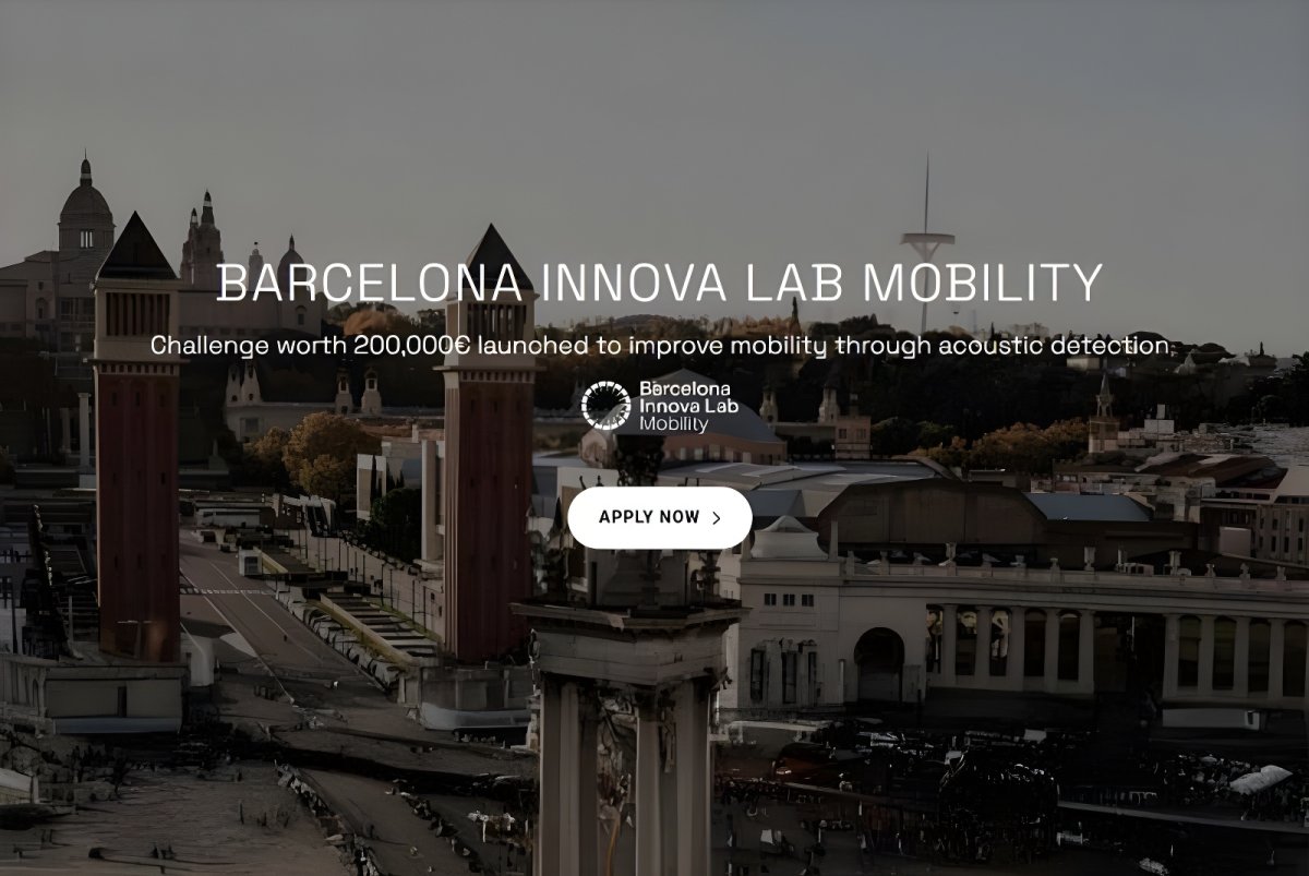 Barcelona Innova Lab Mobility text overlay on an aerial view of the Venetian Towers and Plaça d'Espanya in Barcelona.