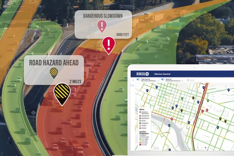INRIX Mission Control interface overlaying an aerial view of a highway with color-coded traffic flow and hazard alerts.