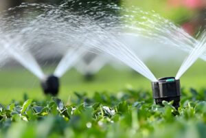 Close-up of automatic pop-up sprinkler heads spraying water over a green lawn and garden foliage.