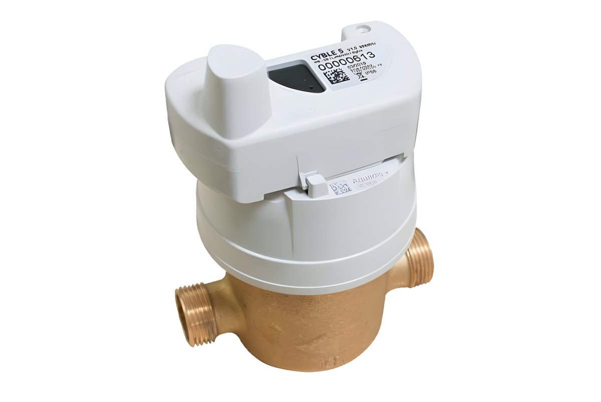 Itron smart water meter with a white plastic electronic register mounted on a brass body against a white background.