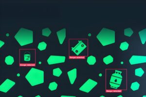Digital interface identifying hazardous waste icons with red bounding boxes and "Danger detected" labels.