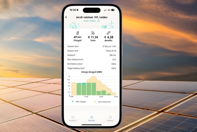 Smartphone displaying the Jedlix EV charging app interface over a field of solar panels at sunset.