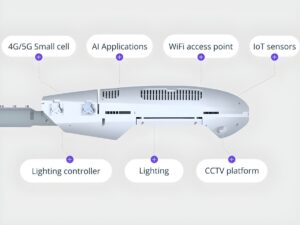 Diagram of a Juganu smart street light fixture with labels for 5G, AI, WiFi, IoT sensors, and CCTV components.
