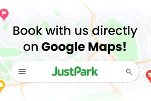 JustPark logo inside a Google Maps search bar with text reading "Book with us directly on Google Maps!" over a city map.