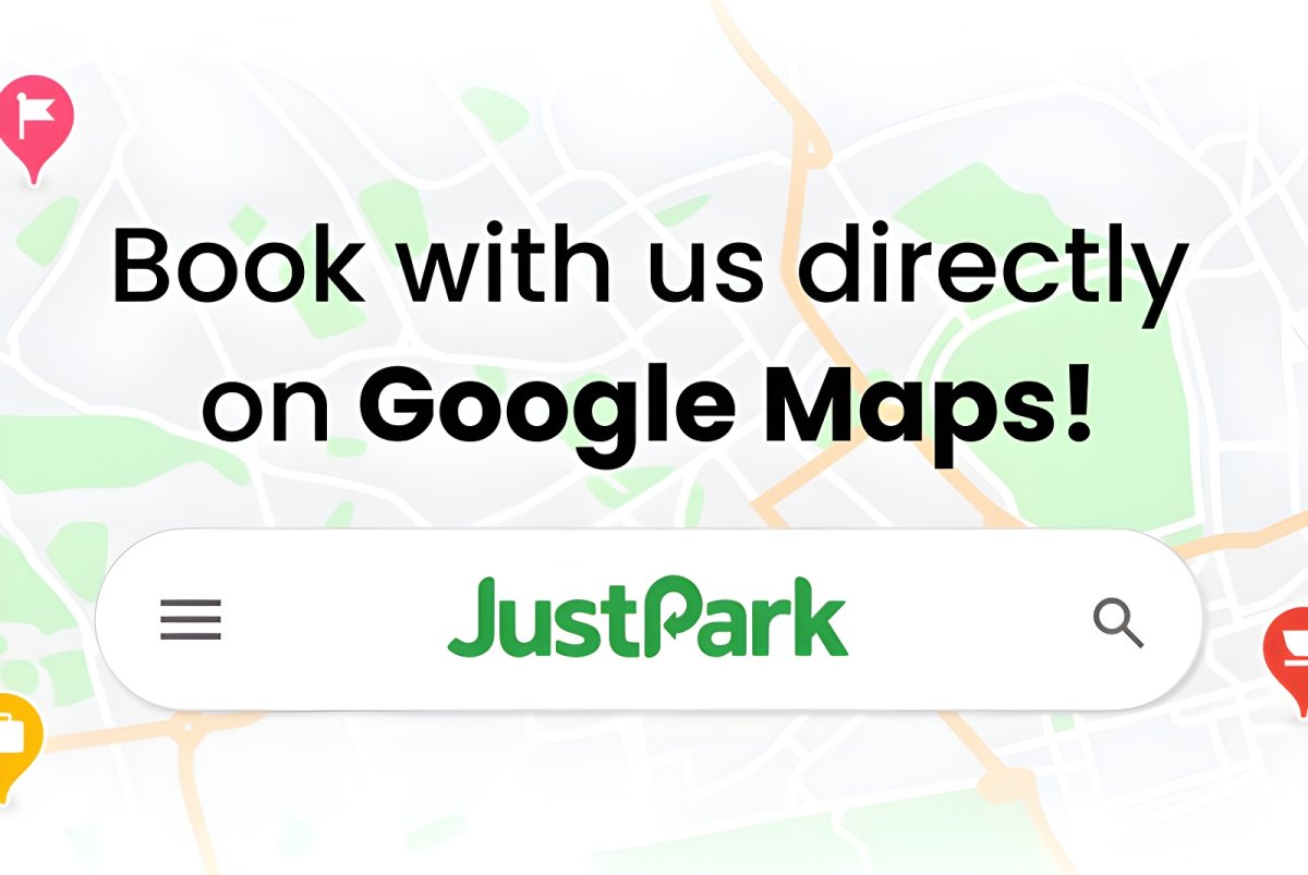 JustPark logo inside a Google Maps search bar with text reading "Book with us directly on Google Maps!" over a city map.