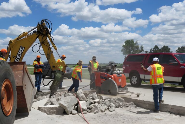 Construction crew using a John Deere excavator and concrete saw to repair a road under a cloudy sky.