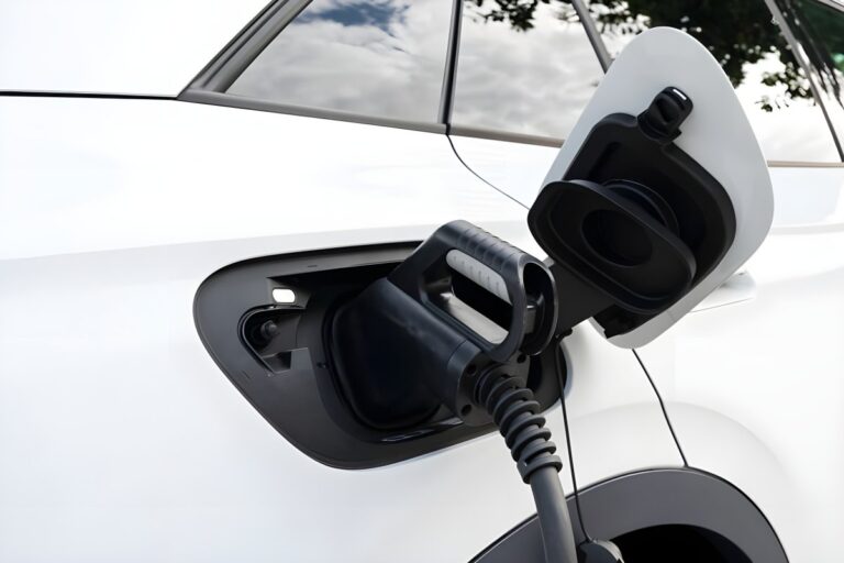 Close-up of a black electric vehicle charging cable plugged into the side port of a white car.