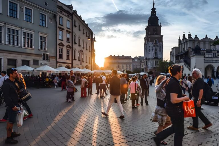 Crowded European city square at sunset with historic architecture, a clock tower, and outdoor cafe seating.