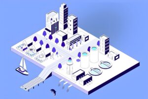 Isometric illustration of a coastal smart city featuring a water treatment plant, skyscrapers, and a sailboat on a pier.