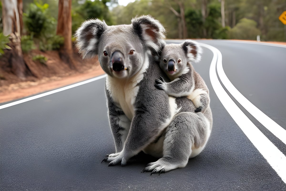 A mother koala with a joey on its back sitting in the middle of a paved two-lane road winding through a forest.