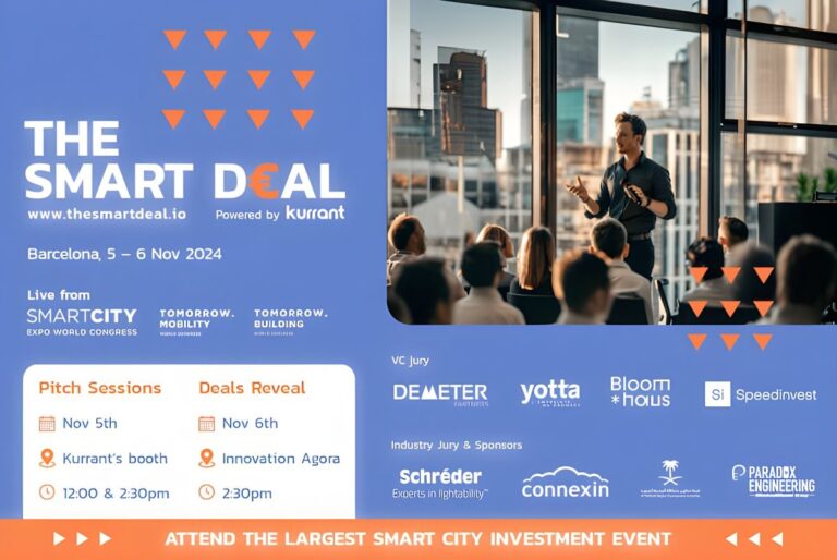 Event poster for The Smart Deal 2024 featuring a speaker, city skyline, and logos for Schréder and Connexin.