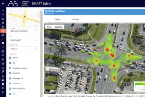 AMAG SMART Safety software interface displaying a traffic conflict heat map over an aerial view of a busy road intersection.