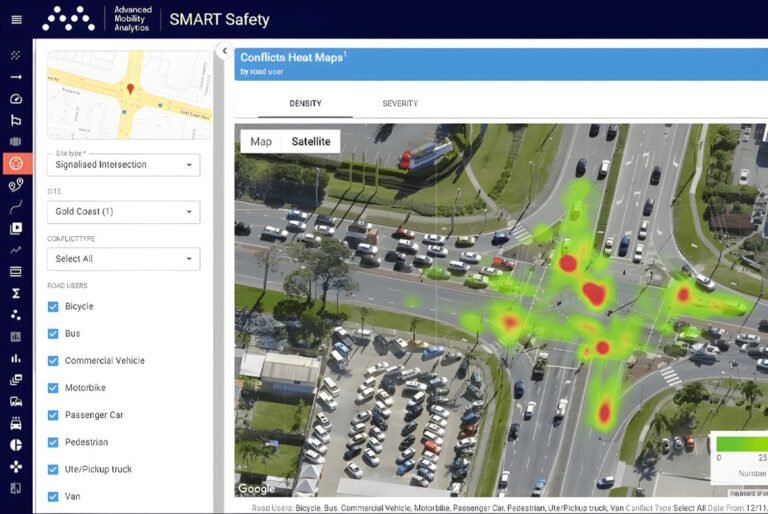AMAG SMART Safety software interface displaying a traffic conflict heat map over an aerial view of a busy road intersection.