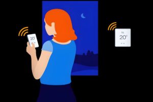 Illustration of a person using a smartphone to control a wall-mounted smart thermostat at night.