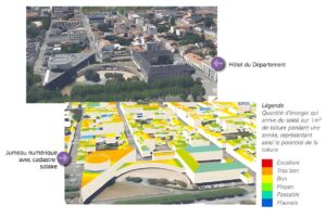 Aerial view of a city building next to its digital twin 3D model showing solar energy potential on rooftops.