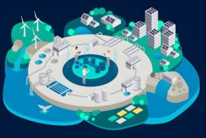 Isometric illustration of a circular water treatment plant integrated with wind turbines, solar panels, and city buildings.