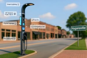 A smart pole with EV charging and digital signage on a street in Hogansville with labels for IoT sensors and CCTV.