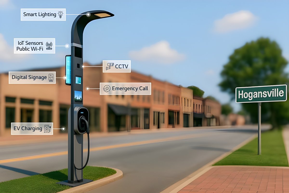 A smart pole with EV charging and digital signage on a street in Hogansville with labels for IoT sensors and CCTV.