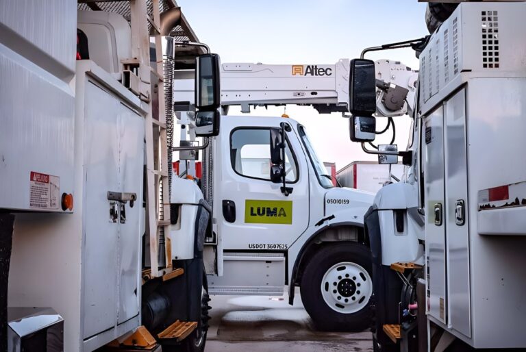 White LUMA utility bucket trucks parked in a row at a service facility.