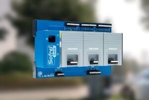 Lacroix Sofrel S4W industrial telemetry remote terminal unit with modular expansion blocks against a blurred background.