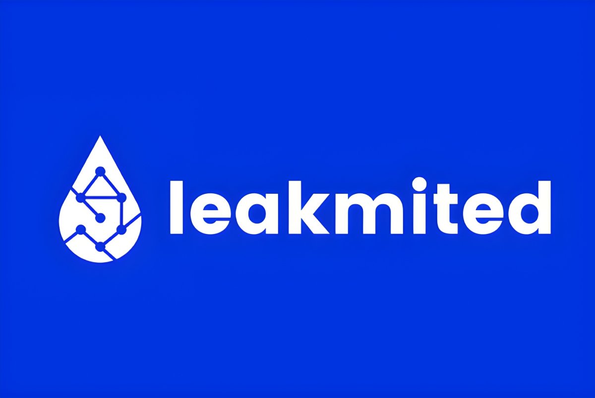 Leakmited logo featuring a white water drop icon with a network node pattern and lowercase text on a blue background.