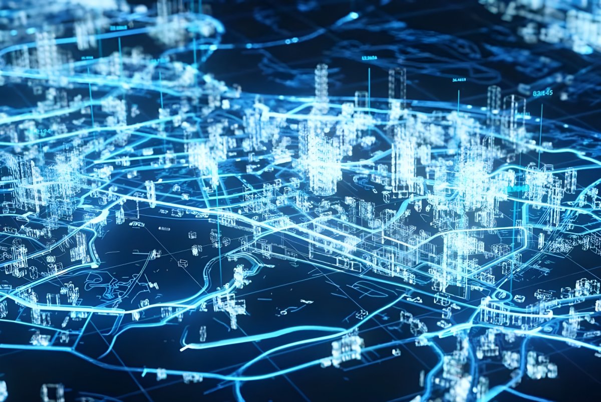 Digital 3D wireframe map of a city with glowing blue lines representing infrastructure and data networks.