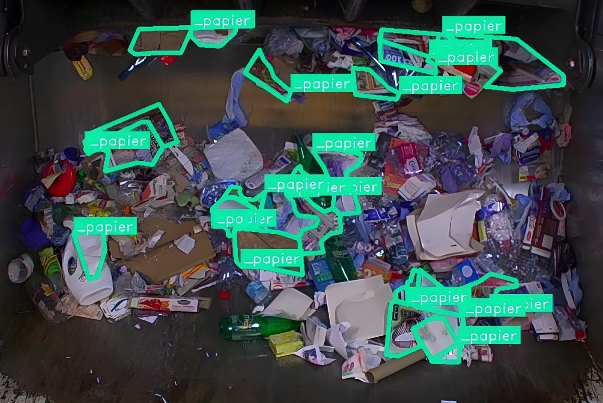 LIXO AI computer vision software identifying and tagging paper waste with green bounding boxes inside a refuse truck.