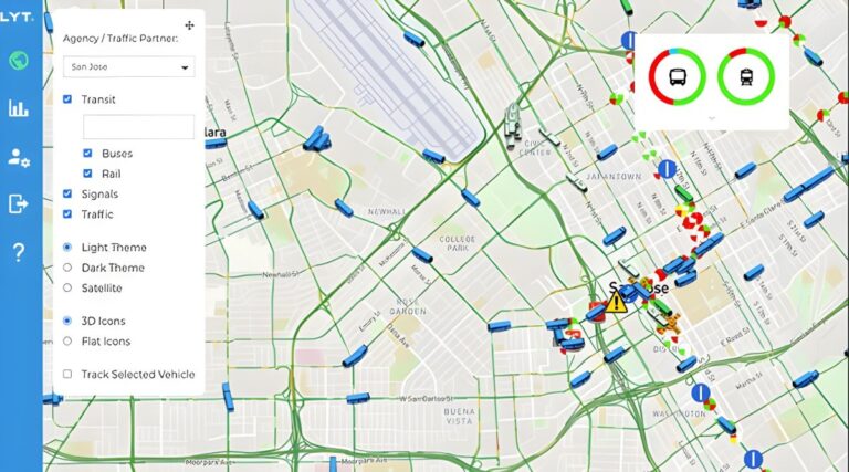 Screenshot of the LYT transit priority dashboard showing a digital map of Fullerton with real-time bus and rail icons.