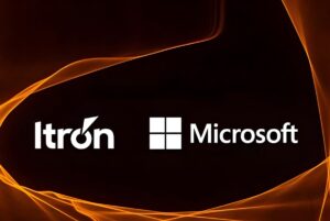 Itron and Microsoft logos centered on a black background with orange abstract light waves.