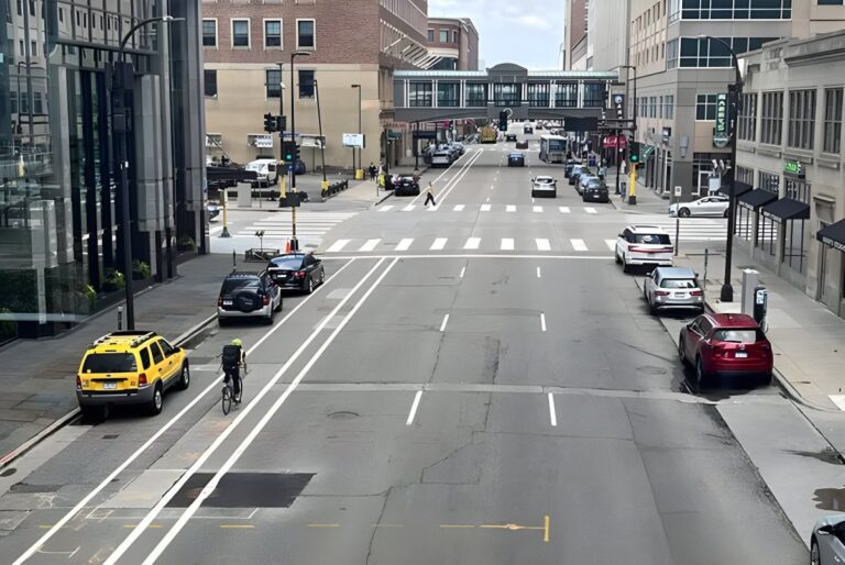 High-angle view of a city street with a dedicated bike lane, parked cars, and a pedestrian skyway bridge in the distance.