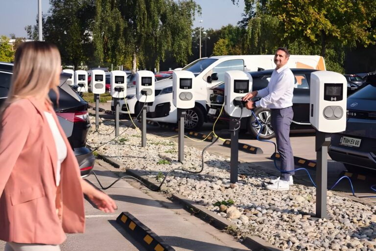 A man plugs a cable into a Schneider Electric EVlink charging station in a parking lot lined with electric vehicles.