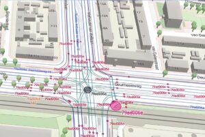 Digital map of a Dutch road intersection featuring traffic flow lines and alphanumeric data labels for V2X integration.
