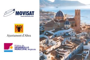 MOVISAT and Desarrollo Municipal logos beside an aerial view of Altea, Spain, featuring the blue-domed church and coast.