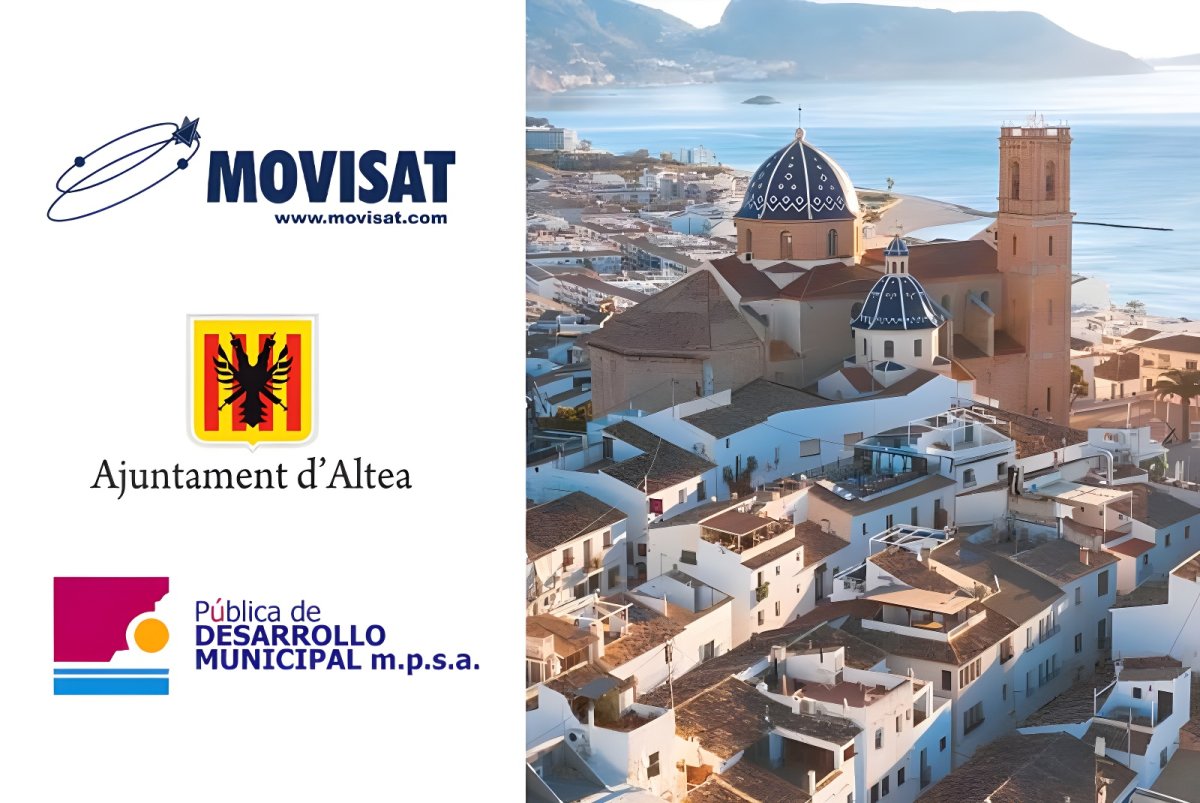 MOVISAT and Desarrollo Municipal logos beside an aerial view of Altea, Spain, featuring the blue-domed church and coast.