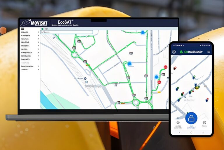 Laptop and smartphone displaying the MOVISAT EcoSAT IoT platform with city maps and fleet tracking data.