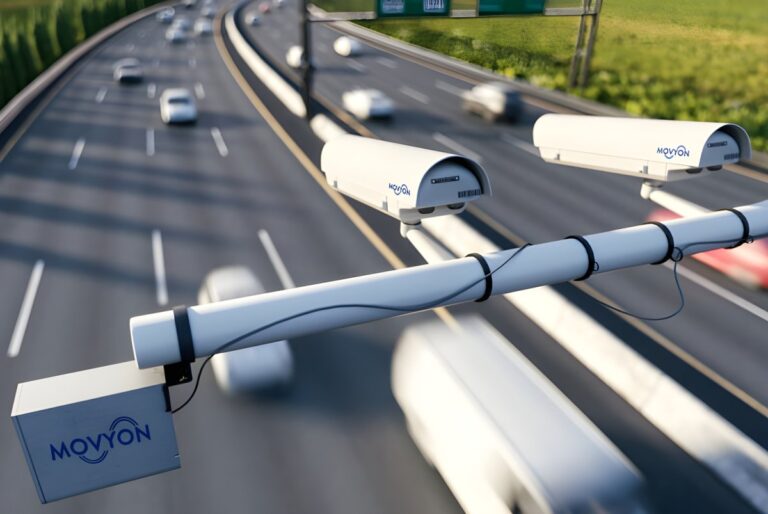 Movyon traffic monitoring cameras mounted on a gantry over a multi-lane highway with blurred vehicles in motion.