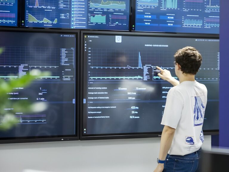 A technician points at a data visualization dashboard on a large wall-mounted monitor in a control room.