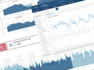 Ndustrial software interface displaying energy management dashboards with line graphs and throughput efficiency metrics.