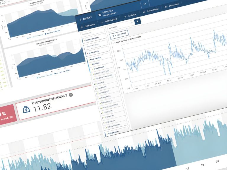 Ndustrial software interface displaying energy management dashboards with line graphs and throughput efficiency metrics.