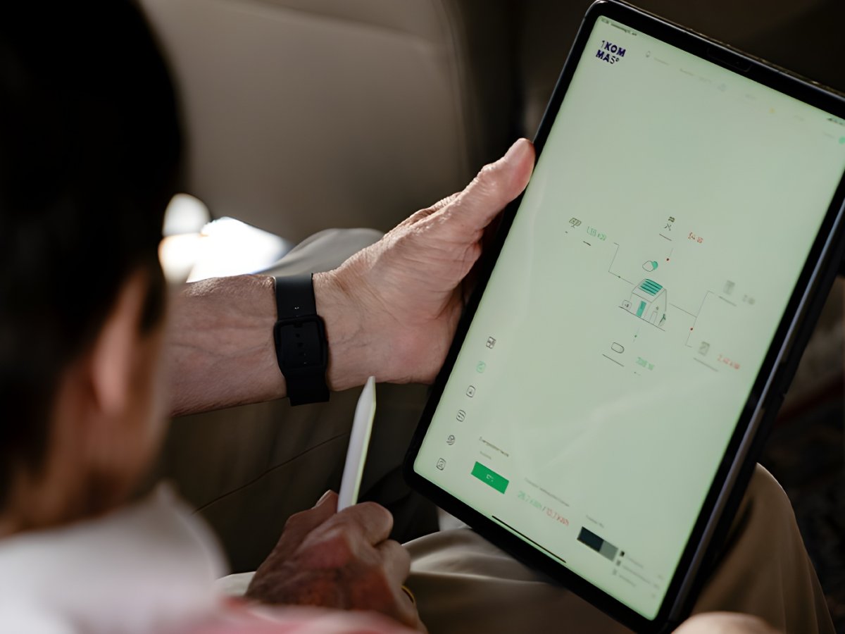 Over-the-shoulder view of a person holding a tablet displaying a green energy management interface and data diagrams.