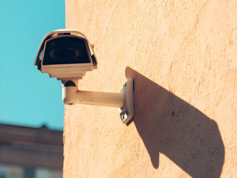White CCTV security camera mounted on a textured tan wall casting a shadow under a clear blue sky.