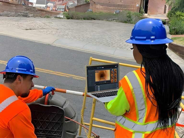 Two utility workers in hard hats and safety vests use a laptop to monitor a SewerAI pipe inspection on a city street.